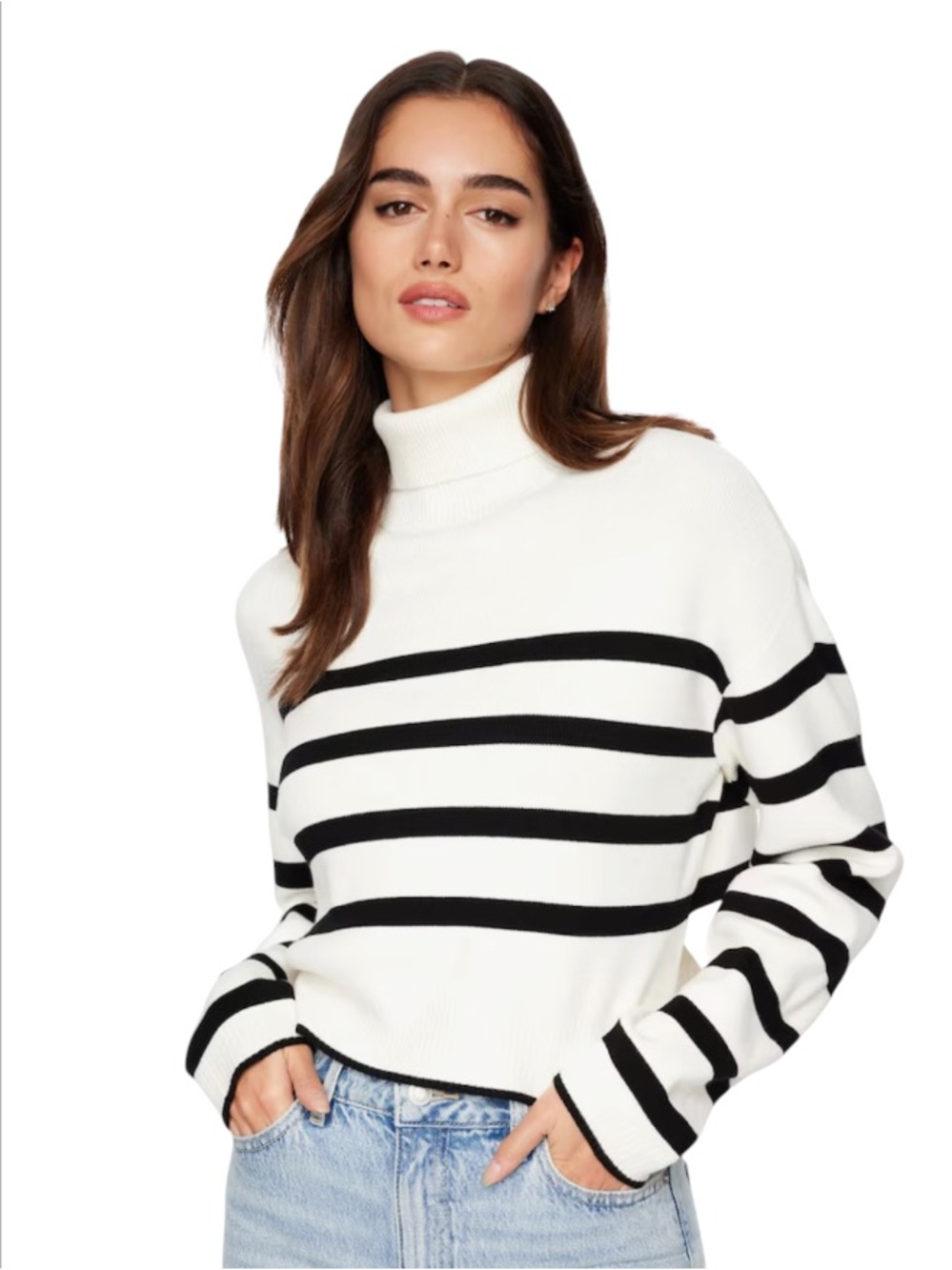 Dynamite Women’s Cropped Turtleneck Sweater in Snow White w/ Black Stripes Large